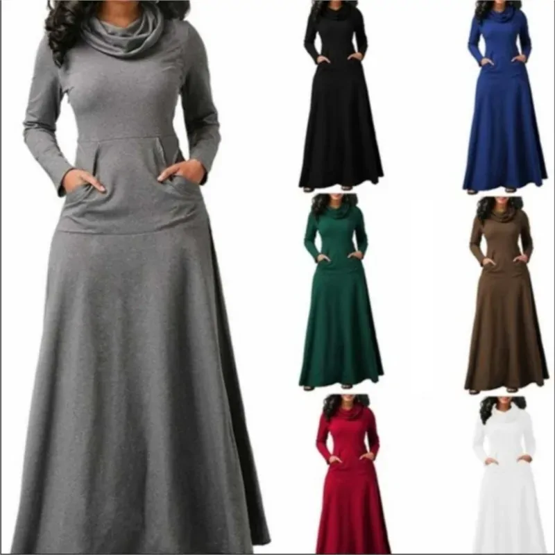 Plus Size 5XL Elegant Long Maxi Dress Autumn Winter Warm High Collar Women Long-sleeved Dress Woman Clothing With Pocket